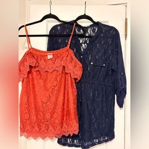 Siren Lily Coral Lace Cold-Shoulder Top & Navy Lace Tunic Set